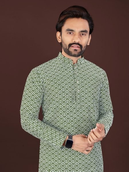 Pista Green Men Long Kurta with Mandarin Collar and Intricate Geometric Embroidery Kurta Pajama Wholesale
