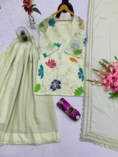 Pista Green Georgette Sharara Set with Floral Embroidery Perfect for Outdoor Parties Ready To Wear Collection