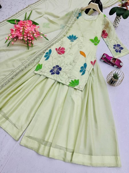Pista Green Georgette Sharara Set with Floral Embroidery Perfect for Outdoor Parties Ready To Wear Collection