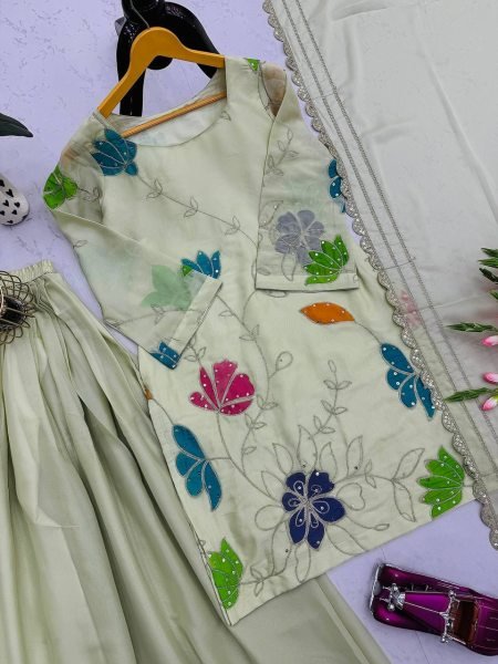 Pista Green Georgette Sharara Set with Floral Embroidery Perfect for Outdoor Parties Ready To Wear Collection