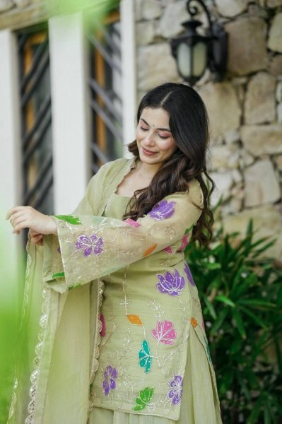 Pista Green Georgette Sharara Set with Floral Embroidery Perfect for Outdoor Parties Ready To Wear Collection