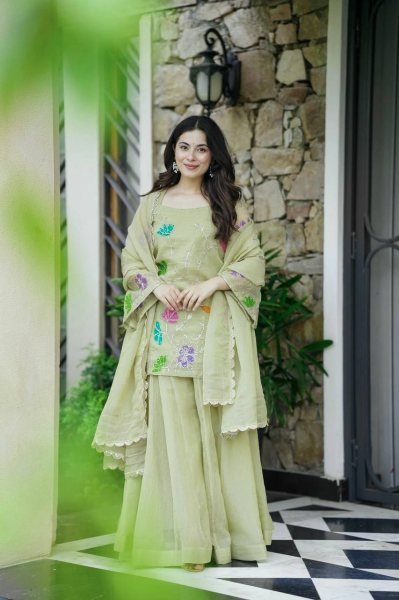 Pista Green Georgette Sharara Set with Floral Embroidery Perfect for Outdoor Parties Ready To Wear Collection