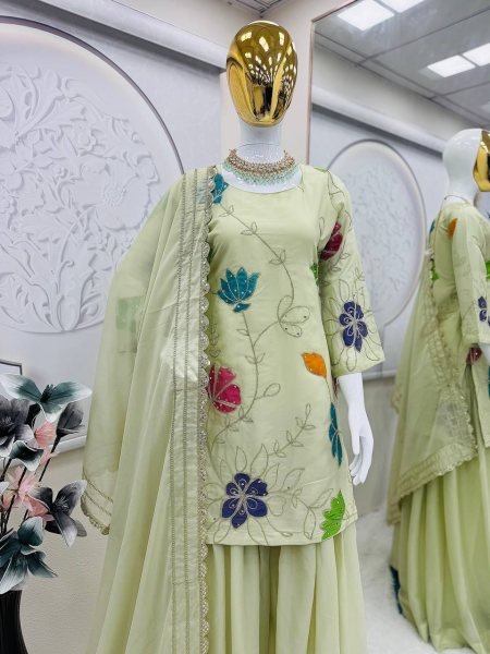 Pista Green Georgette Sharara Set with Floral Embroidery Perfect for Outdoor Parties Ready To Wear Collection