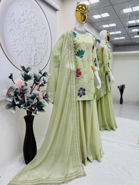 Pista Green Georgette Sharara Set with Floral Embroidery Perfect for Outdoor Parties Ready To Wear Collection