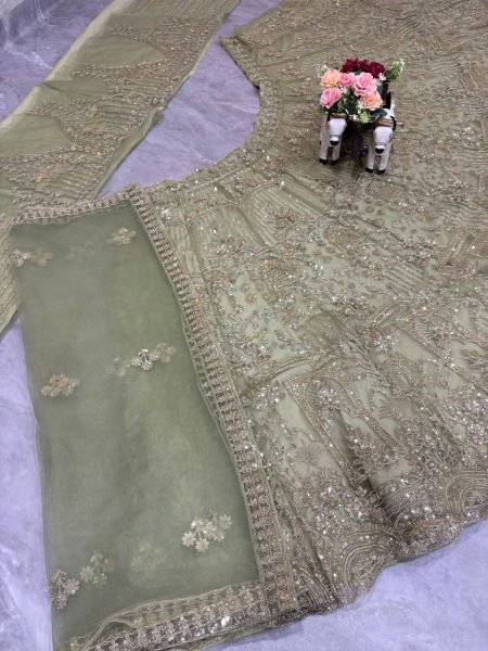 Pista Soft Net Lehenga Choli with Coding Sequins Work and Soft Net Dupatta For Bridal Bridal Lehenga Choli