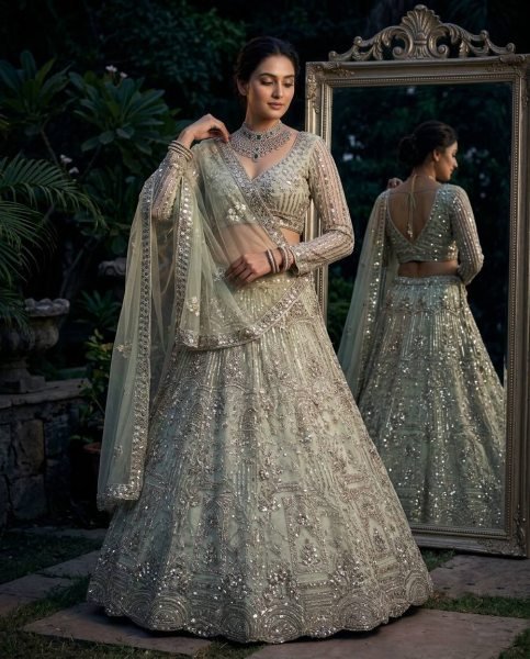 Pista Soft Net Lehenga Choli with Coding Sequins Work and Soft Net Dupatta For Bridal Bridal Lehenga Choli