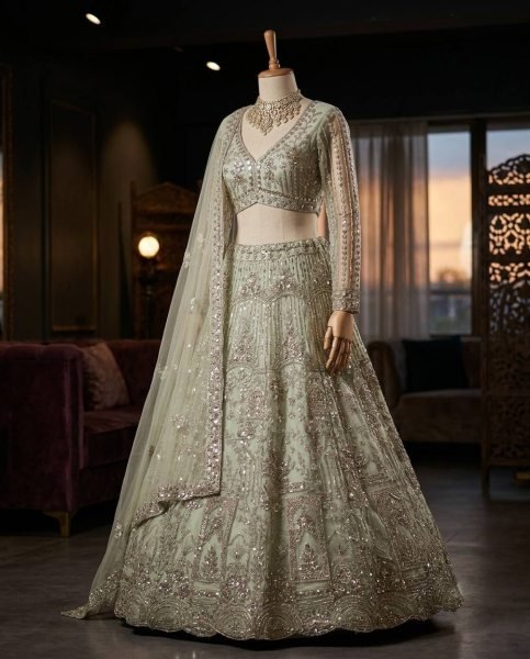 Pista Soft Net Lehenga Choli with Coding Sequins Work and Soft Net Dupatta For Bridal Bridal Lehenga Choli