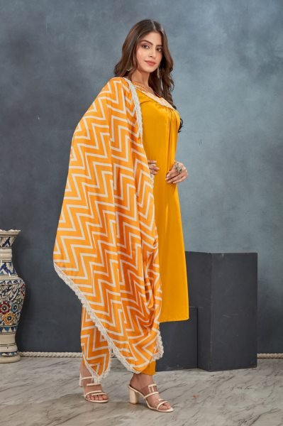 Plain mustard rayon suit set with silk printed dupatta  Perfact for haldi ceremony 3 Piece Kurti Set
