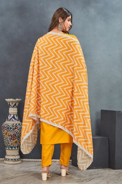 Plain mustard rayon suit set with silk printed dupatta  Perfact for haldi ceremony 3 Piece Kurti Set