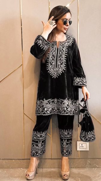 Playful Black Velvet Embroidery Co Ord Set with Zari Work Perfect for Winter Party Wear   CO ORD Sets