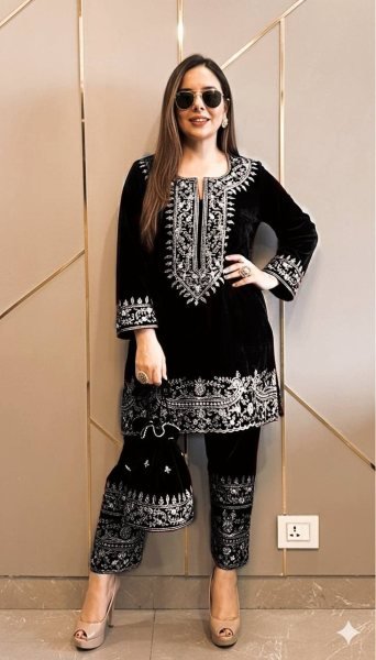 Playful Black Velvet Embroidery Co Ord Set with Zari Work Perfect for Winter Party Wear   CO ORD Sets