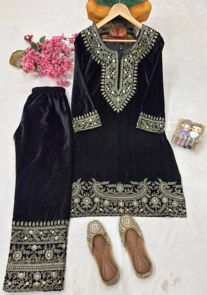 Playful Black Velvet Embroidery Co Ord Set with Zari Work Perfect for Winter Party Wear   CO ORD Sets