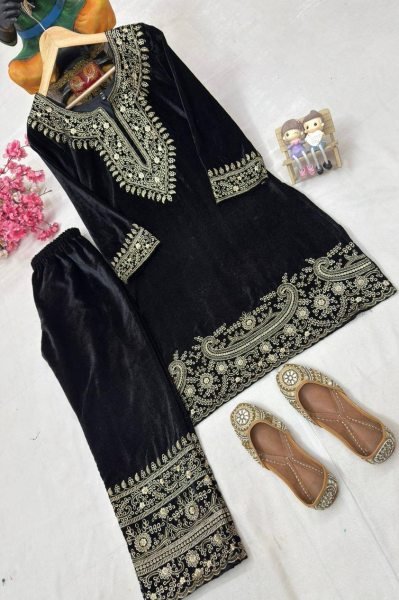 Playful Black Velvet Embroidery Co Ord Set with Zari Work Perfect for Winter Party Wear   CO ORD Sets