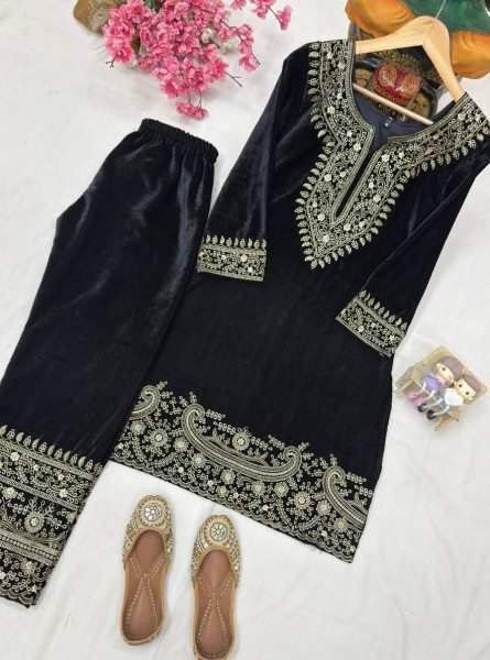Playful Black Velvet Embroidery Co Ord Set with Zari Work Perfect for Winter Party Wear   CO ORD Sets