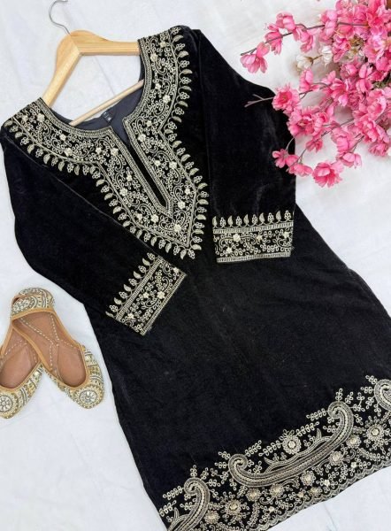 Playful Black Velvet Embroidery Co Ord Set with Zari Work Perfect for Winter Party Wear   CO ORD Sets