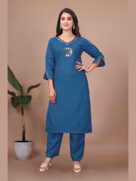 Playful Blue  Mirror Handwork Fully Stitched Kurti with Pant for Office Wear Kurti With Bottom Wholesale