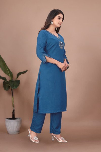 Playful Blue  Mirror Handwork Fully Stitched Kurti with Pant for Office Wear  Straight Cut Long Kurtis