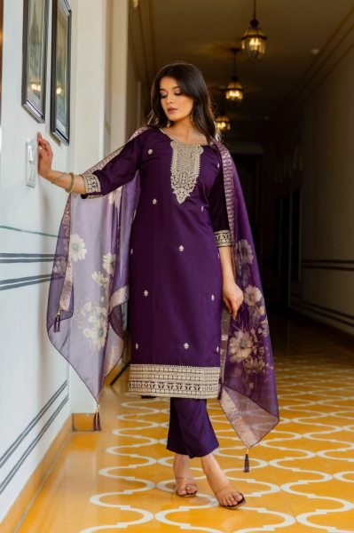Playful Viscose Chanderi Embroidered Suit Set with Printed Organza Dupatta at Wholesale Rate  Straight Cut Long Kurtis
