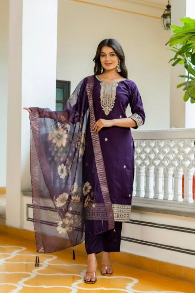 Playful Viscose Chanderi Embroidered Suit Set with Printed Organza Dupatta at Wholesale Rate  Straight Cut Long Kurtis