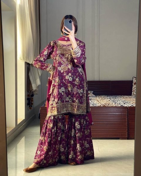 Plum Chinon Silk Kurti Sharara with Embroidery Perfect for Wedding Celebrations Ready To Wear Collection
