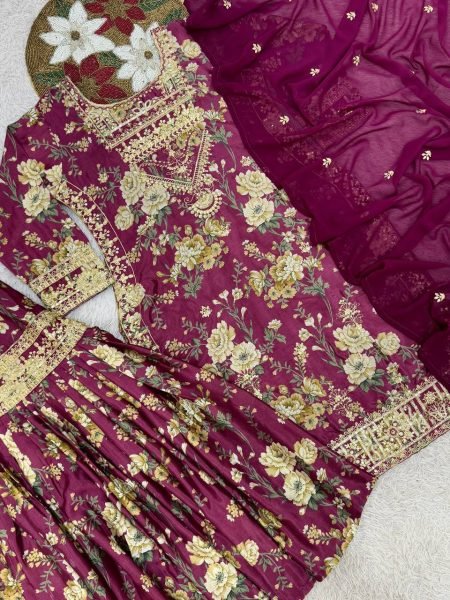 Plum Chinon Silk Kurti Sharara with Embroidery Perfect for Wedding Celebrations Ready To Wear Collection