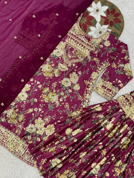 Plum Chinon Silk Kurti Sharara with Embroidery Perfect for Wedding Celebrations Ready To Wear Collection