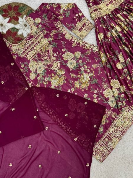 Plum Chinon Silk Kurti Sharara with Embroidery Perfect for Wedding Celebrations Ready To Wear Collection