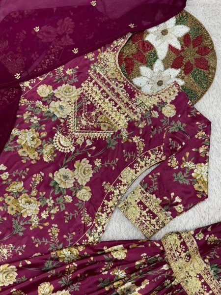 Plum Chinon Silk Kurti Sharara with Embroidery Perfect for Wedding Celebrations Ready To Wear Collection