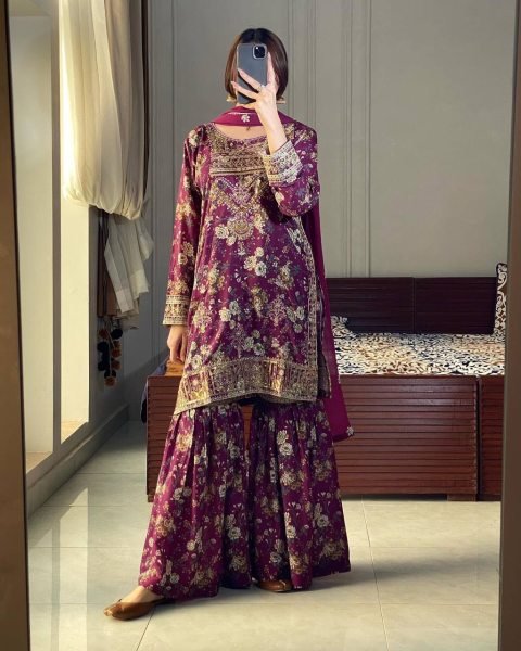 Plum Chinon Silk Kurti Sharara with Embroidery Perfect for Wedding Celebrations Ready To Wear Collection
