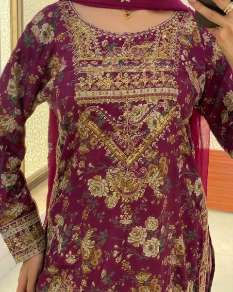 Plum Chinon Silk Kurti Sharara with Embroidery Perfect for Wedding Celebrations Ready To Wear Collection