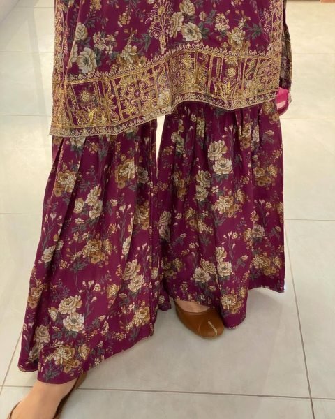 Plum Chinon Silk Kurti Sharara with Embroidery Perfect for Wedding Celebrations Ready To Wear Collection