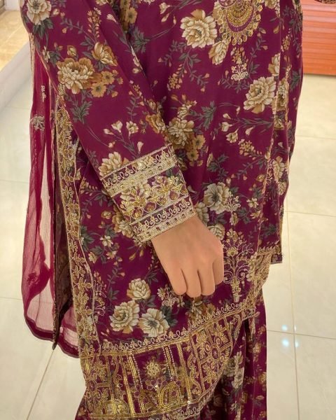 Plum Chinon Silk Kurti Sharara with Embroidery Perfect for Wedding Celebrations Ready To Wear Collection
