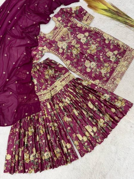 Plum Chinon Silk Kurti Sharara with Embroidery Perfect for Wedding Celebrations Ready To Wear Collection