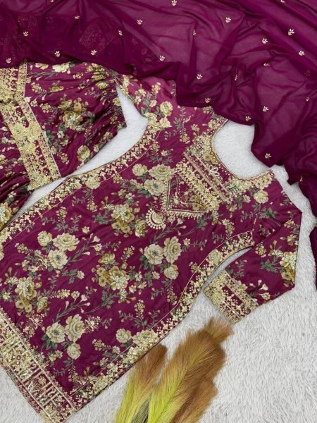 Plum Chinon Silk Kurti Sharara with Embroidery Perfect for Wedding Celebrations Ready To Wear Collection