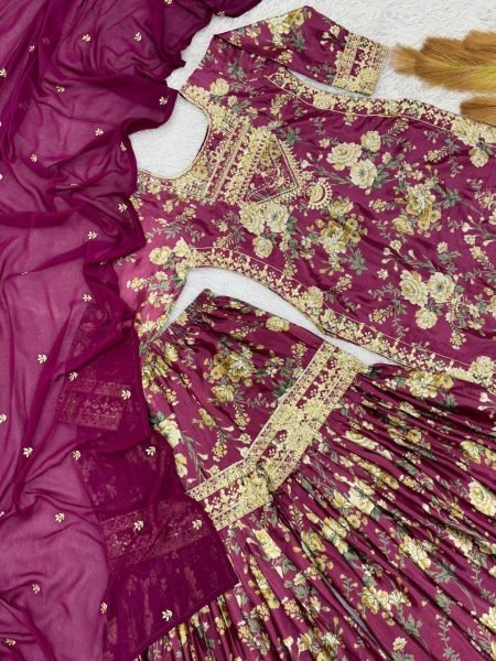 Plum Chinon Silk Kurti Sharara with Embroidery Perfect for Wedding Celebrations Ready To Wear Collection