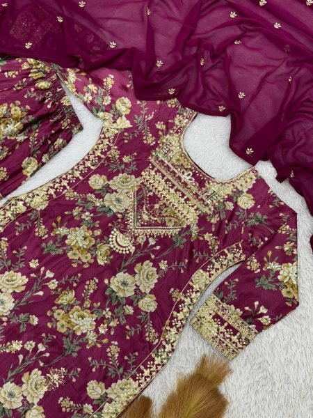 Plum Chinon Silk Kurti Sharara with Embroidery Perfect for Wedding Celebrations Ready To Wear Collection