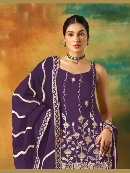 Plum Purple Faux Georgette Zarkhan Work Palazzo Suit Designer Bridal Look Salwar Kameez
