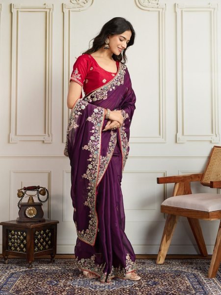Plum Purple Rangoli Silk Saree with Heavy Embroidery Work for Export Buyers