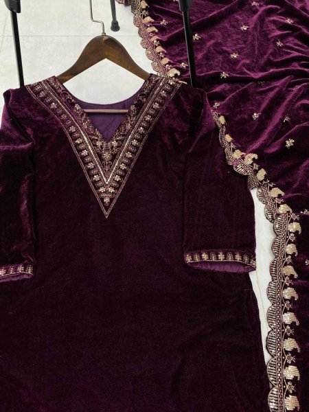 Plum Purple Velvet Sequence Embroidered Kurti Pant Set with Heavy Velvet Sequins Dupatta for Festive Wear  Straight Cut Long Kurtis