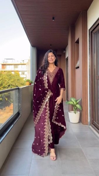 Plum Purple Velvet Sequence Embroidered Kurti Pant Set with Heavy Velvet Sequins Dupatta for Festive Wear  Straight Cut Long Kurtis