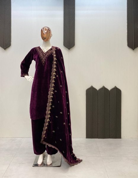 Plum Purple Velvet Sequence Embroidered Kurti Pant Set with Heavy Velvet Sequins Dupatta for Festive Wear  Straight Cut Long Kurtis