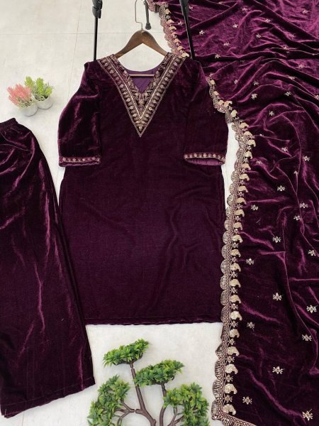Plum Purple Velvet Sequence Embroidered Kurti Pant Set with Heavy Velvet Sequins Dupatta for Festive Wear  Straight Cut Long Kurtis