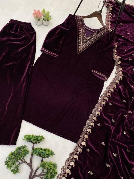 Plum Purple Velvet Sequence Embroidered Kurti Pant Set with Heavy Velvet Sequins Dupatta for Festive Wear  Straight Cut Long Kurtis