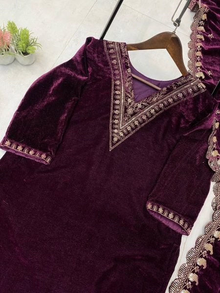 Plum Purple Velvet Sequence Embroidered Kurti Pant Set with Heavy Velvet Sequins Dupatta for Festive Wear  Straight Cut Long Kurtis