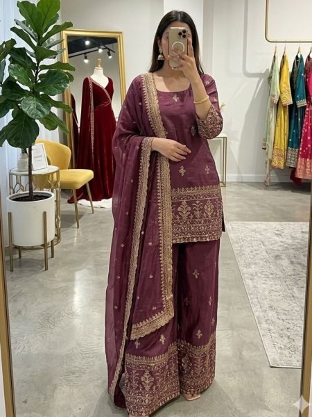 Plum Purple Wedding Guest NC Vichitra Silk Embroidered Ethnic Set  Ready To Wear Suit