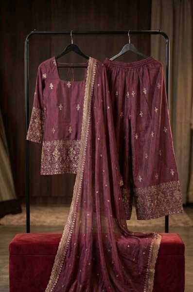 Plum Purple Wedding Guest NC Vichitra Silk Embroidered Ethnic Set  Ready To Wear Collection