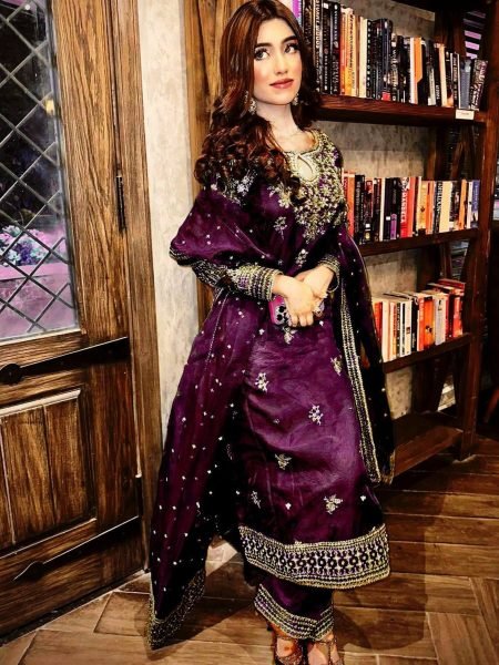 Plum Silk Suit Set with Sequin Embroidery and Dupatta Festive 3 Piece Outfit Ready To Wear Suit