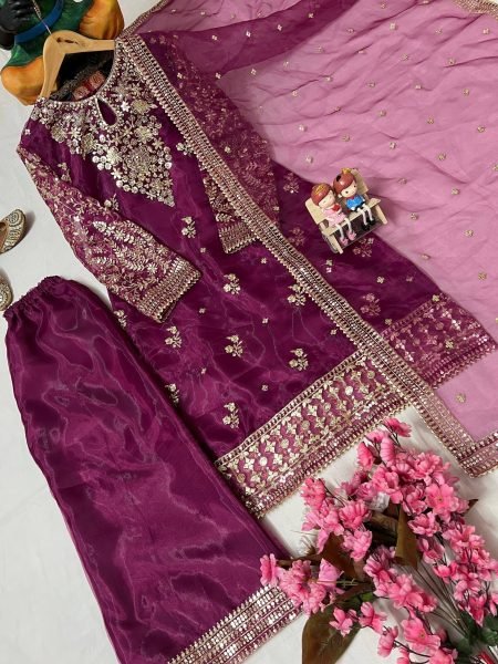 Plum Silk Suit Set with Sequin Embroidery and Dupatta Festive 3 Piece Outfit Ready To Wear Collection