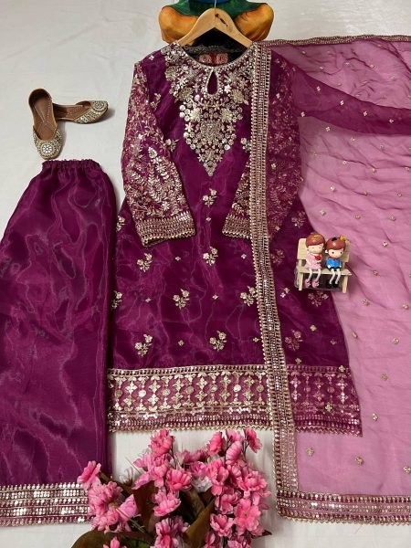 Plum Silk Suit Set with Sequin Embroidery and Dupatta Festive 3 Piece Outfit Ready To Wear Collection
