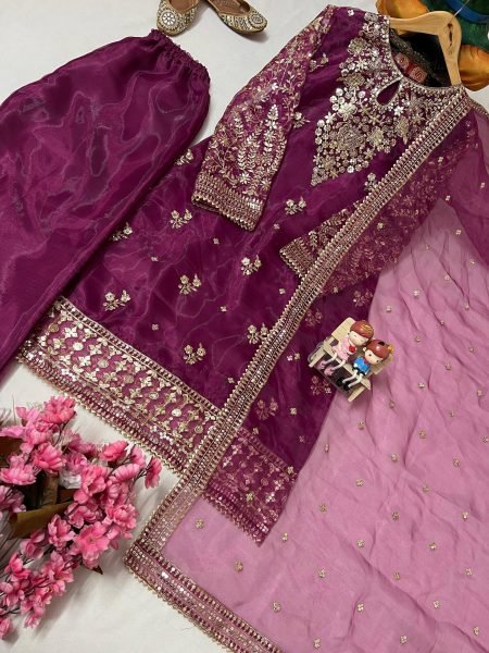 Plum Silk Suit Set with Sequin Embroidery and Dupatta Festive 3 Piece Outfit Ready To Wear Collection